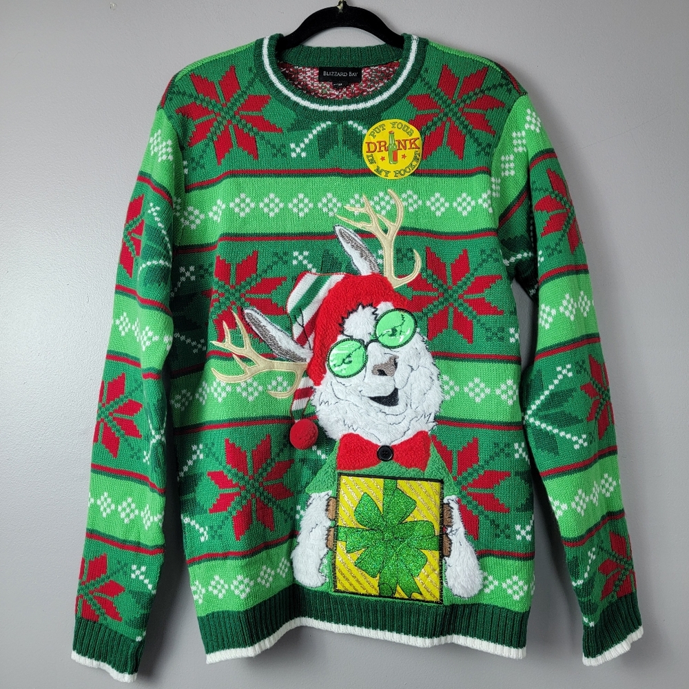 Blizzard Bay Llama Long Sleeve Ugly Christmas Holiday Green Red Sweater Size MC